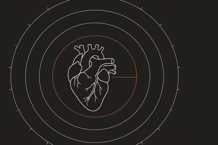 Reversed-out technical plate: a human heart drawn as one white contour line, sitting inside five concentric rings spaced evenly apart, the innermost ring picked out in orange, tick marks around the outside.